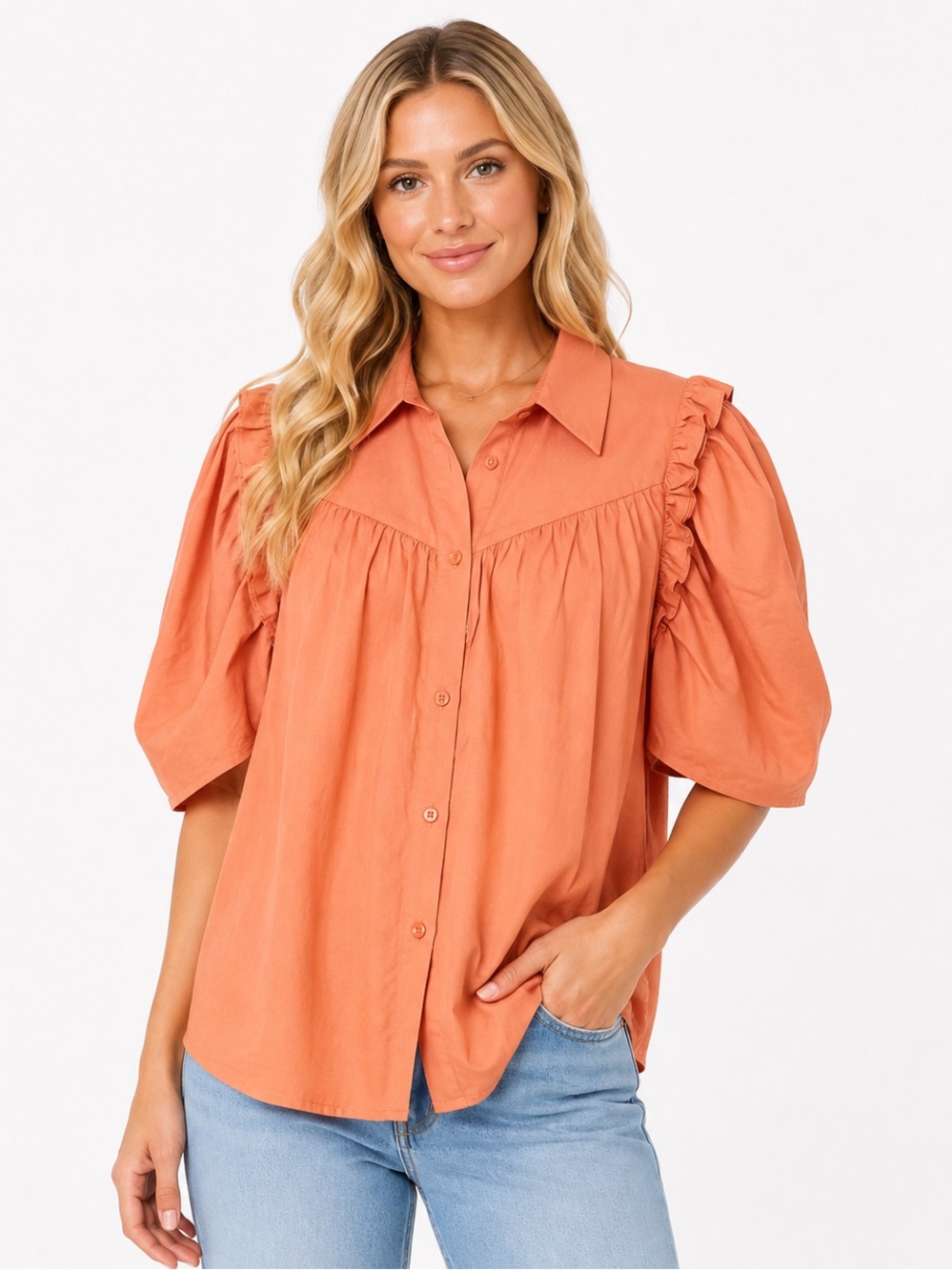 NWT Umgee Size Medium Women's Button-Front Ruffle Puff-Sleeve Top - Terracotta